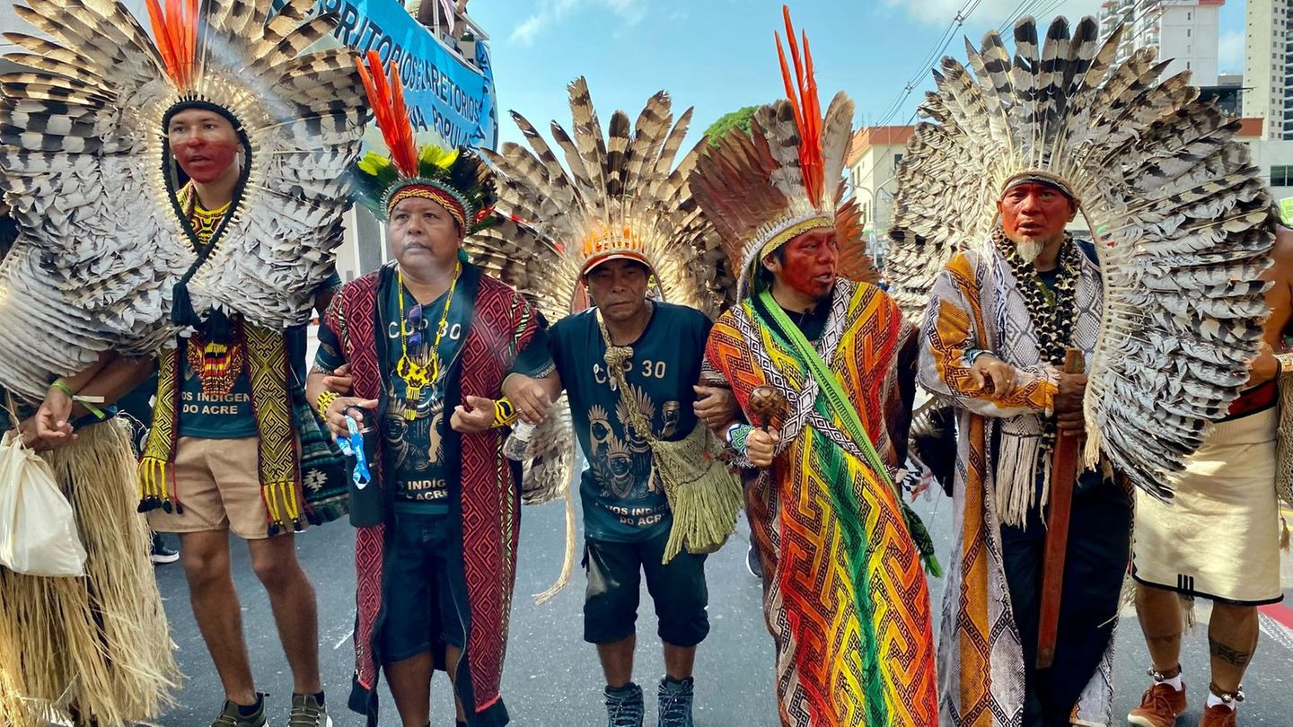 Tausende Indigene und internationale Klimaschützer zogen durchs Zentrum der Millionenstadt Belém. Foto: Torsten Holtz/dpa