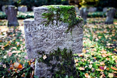 Moos wächst auf dem Grabstein eines unbekannten Soldaten - er starb vor rund 80 Jahren bei den Kämpfen am Niederrhein. Foto: Fed