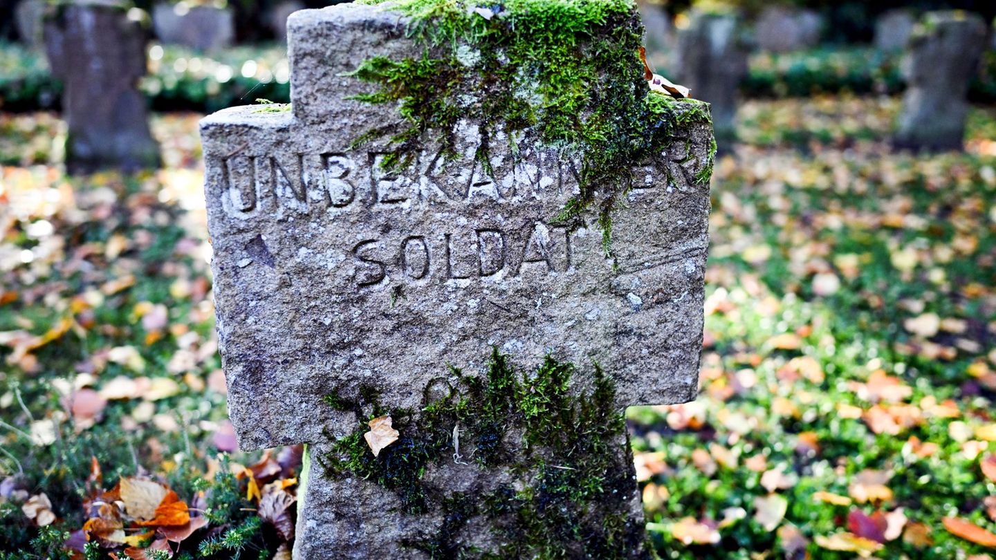 Moos wächst auf dem Grabstein eines unbekannten Soldaten - er starb vor rund 80 Jahren bei den Kämpfen am Niederrhein. Foto: Fed