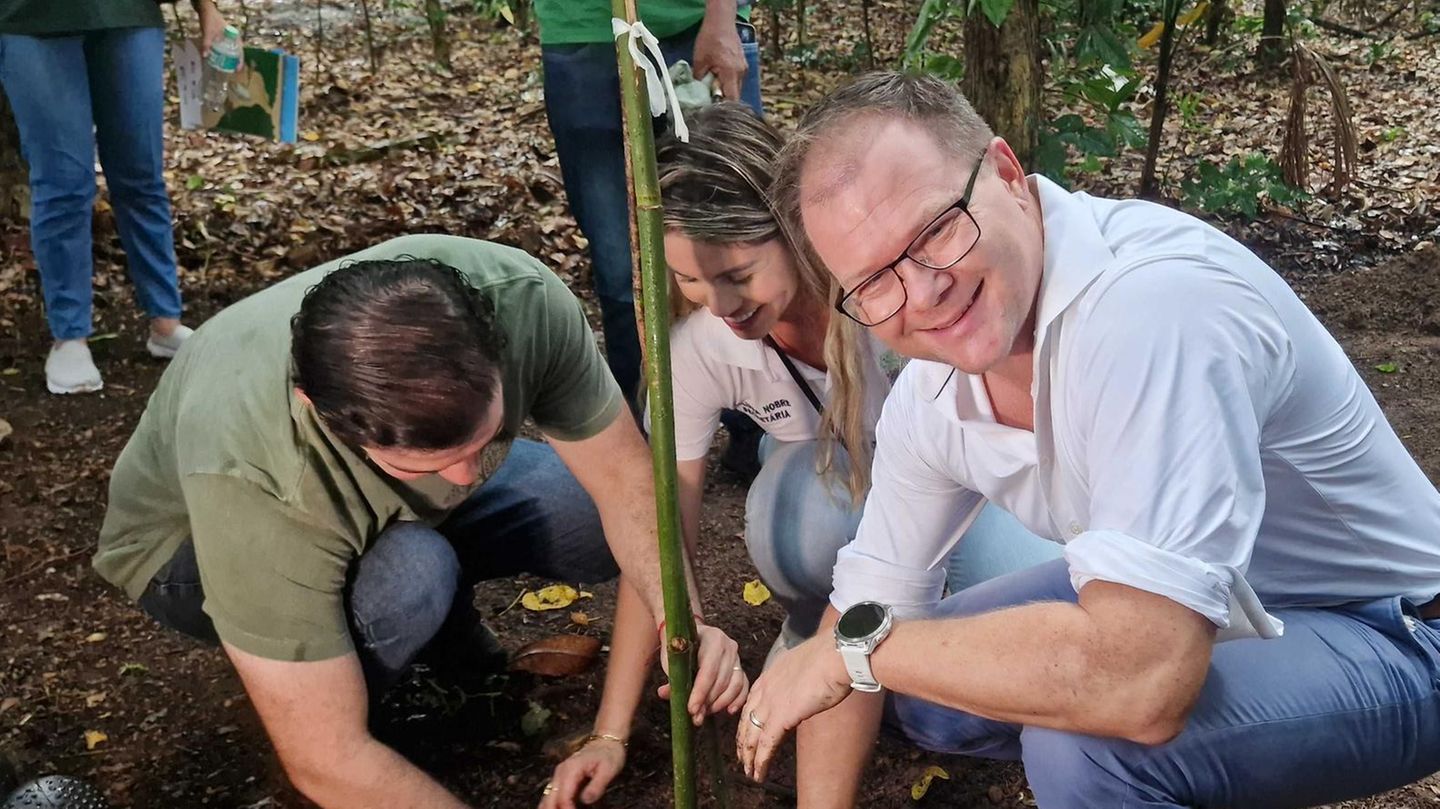 Bundesumweltminister Carsten Schneider pflanzt mit dem Bürgermeister von Belém, Igor Normando (l), einen Baum