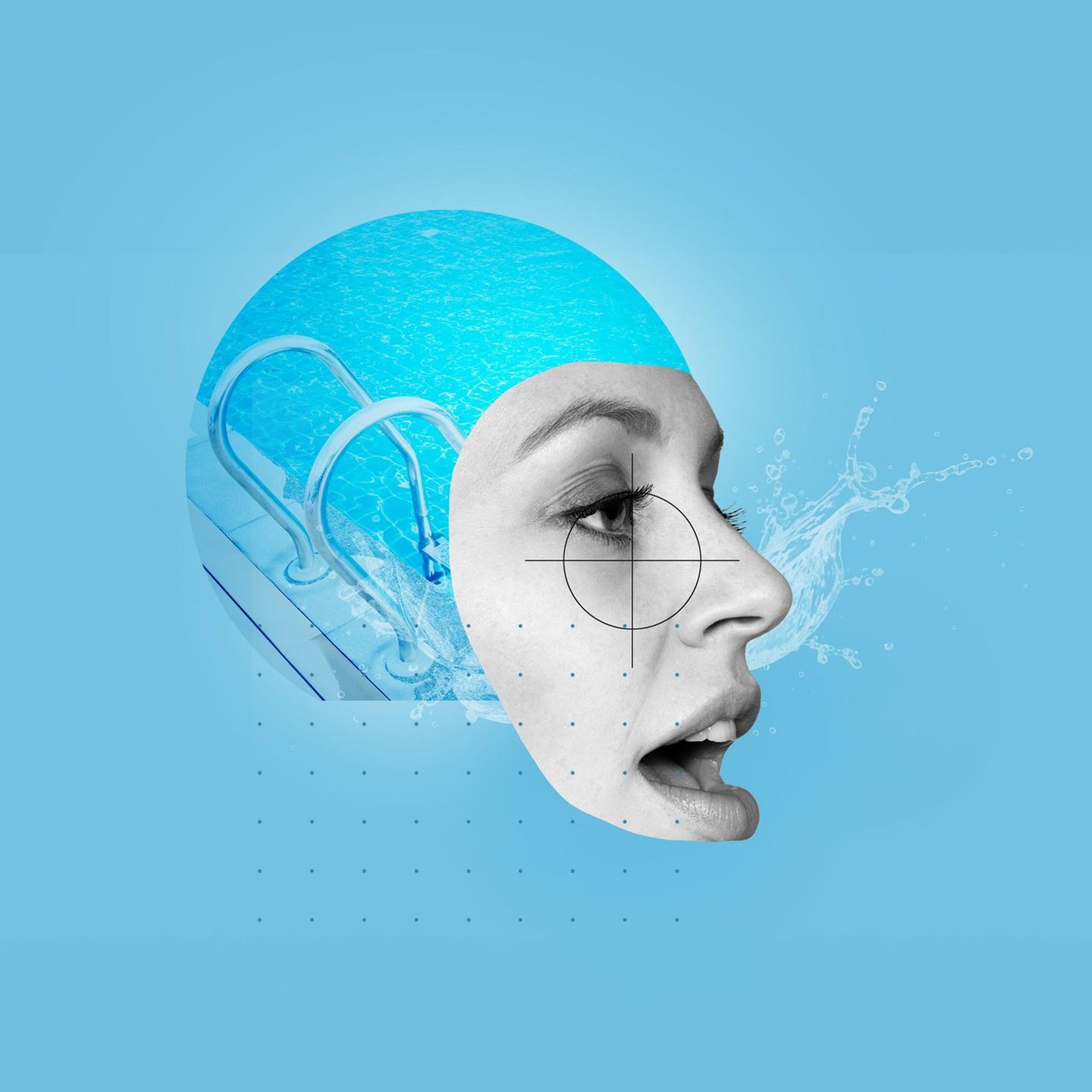 Illustration einer Frau mit Schmerzen im Gesicht beim Schwimmen