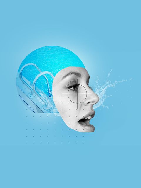 Illustration einer Frau mit Schmerzen im Gesicht beim Schwimmen