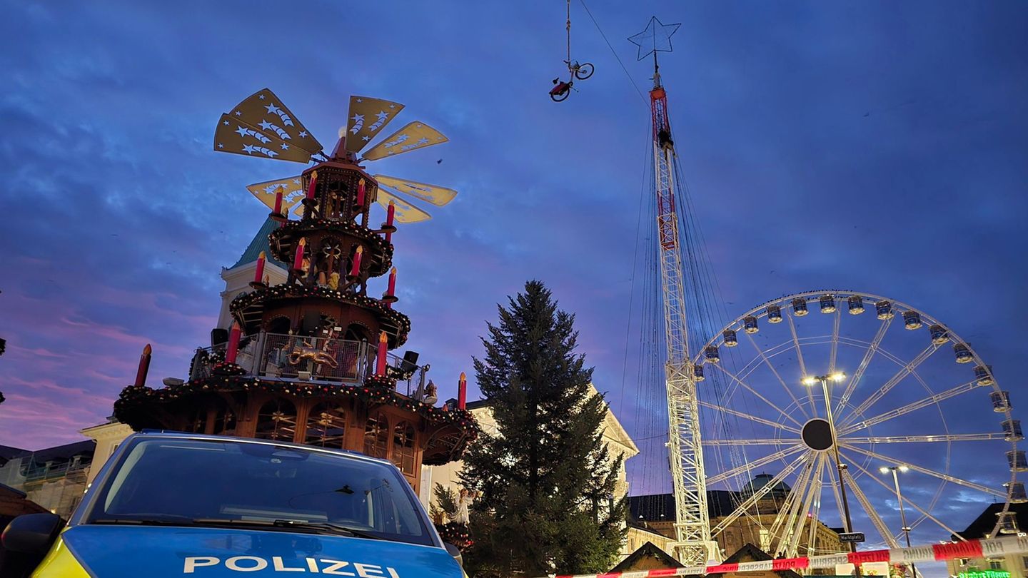Zusammen mit einem Fahrrad sind zwei Aktivisten auf ein Hochseil am Karlsruher Marktplatz geklettert. Foto: Thomas Riedel/dpa