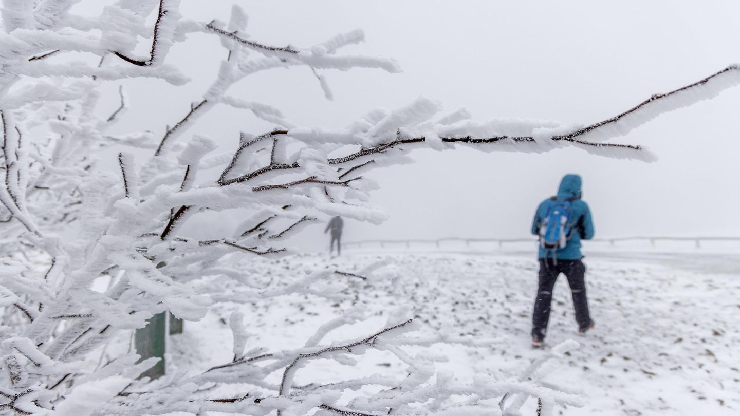 Winter-Wetter: Eingeschneite Landschaft mit weißen Zweigen und einem Wanderer im Hintergrund