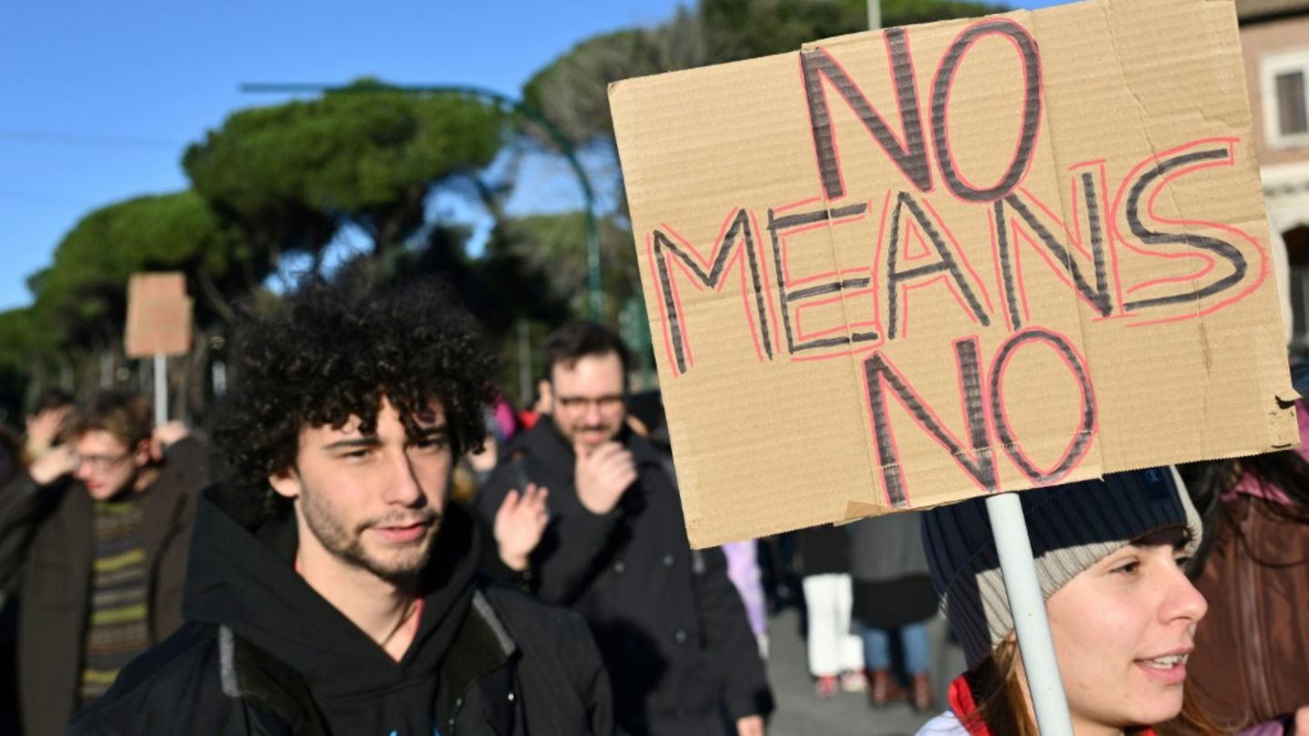 Plakat auf Demonstration gegen Gewalt gegen Frauen in Rom