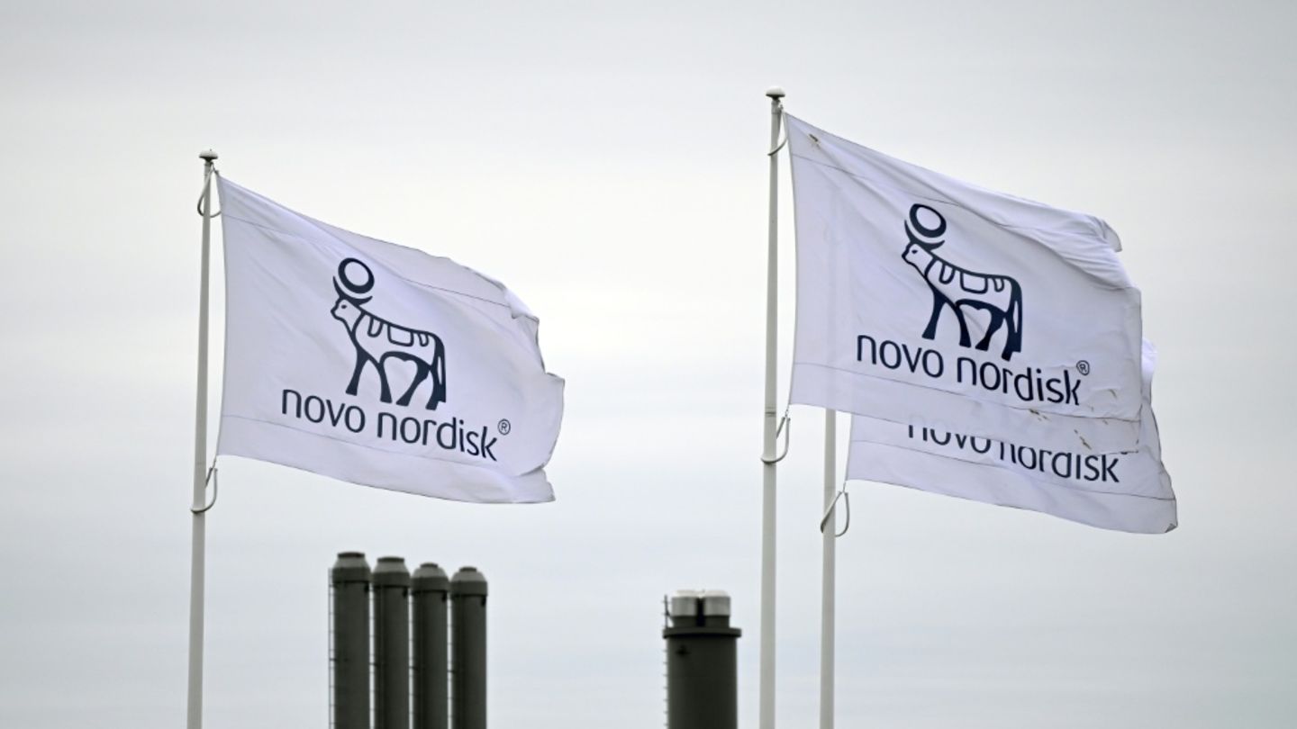 Flaggen mit dem Logo von Novo Nordisk neben einer Fabrik