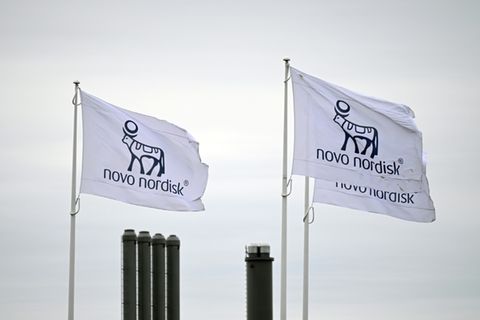 Flaggen mit dem Logo von Novo Nordisk neben einer Fabrik