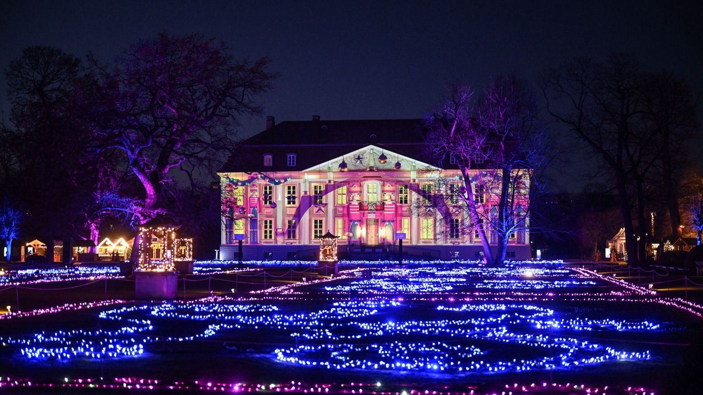 Die Lichtinstallationen zu "Weihnachten im Tierpark" in Berlin-Lichtenberg wurden am Abend eröffnet. Foto: Britta Pedersen/dpa