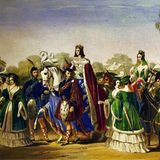 Als "Königin der Schönheit" reitet die Herzogin durch eine Menge beim Rittertunier in Eglinton 1839