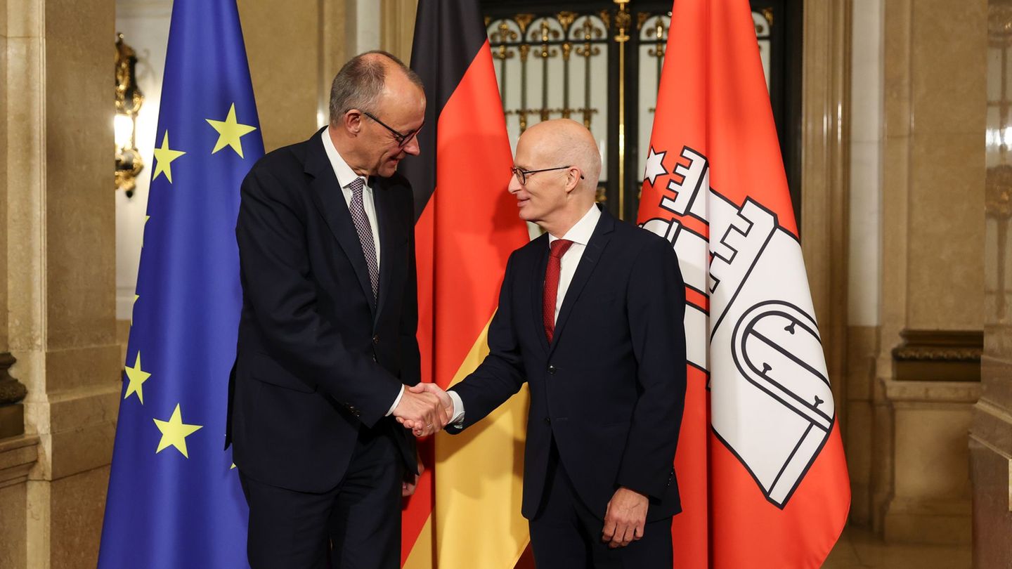 Bürgermeister Peter Tschentscher begrüßt Bundeskanzler Friedrich Merz zu einem Antrittsbesuch im Hamburger Rathaus. Foto: Christ