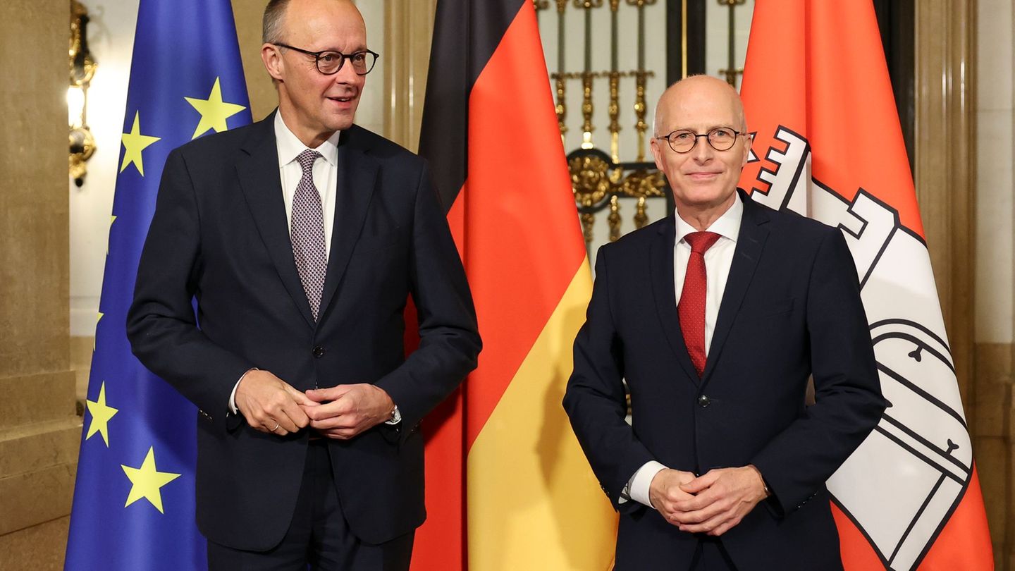 Kanzler Merz Friedrich (l) wird von Hamburgs Bürgermeister Peter Tschentscher (SPD) im Rathaus begrüßt. Foto: Christian Charisiu