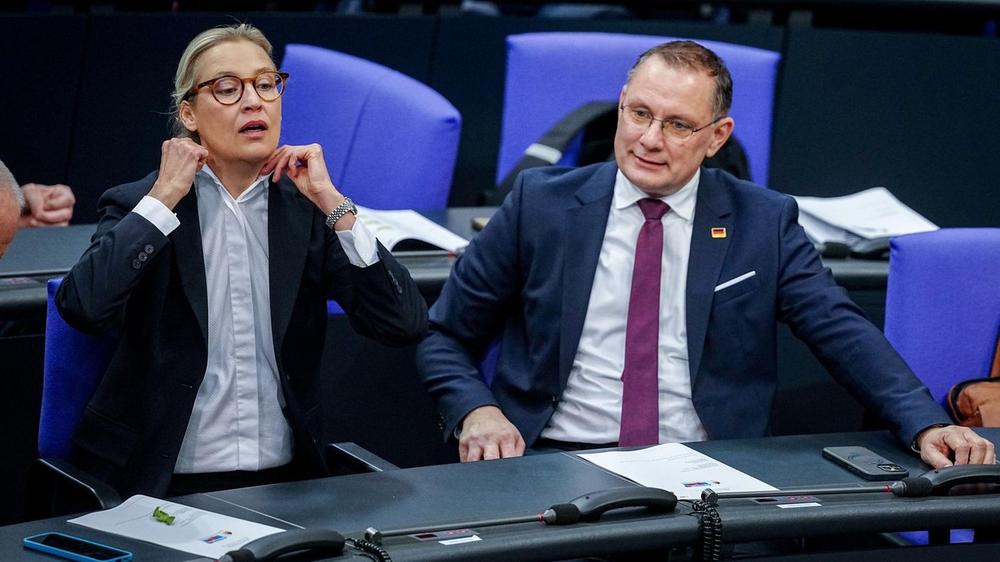 Die Parteichefs der AfD, Alice Weidel und Tino Chrupalla, bei der Haushaltsdebatte im Bundestag