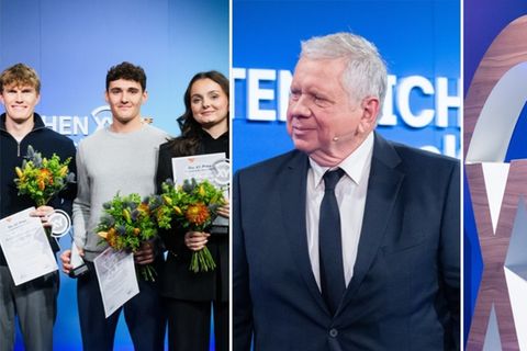 XY-Preisträger bei "Aktenzeichen XY... Ungelöst" - drei der fünf Preisträger und einer der Laudatoren, Schauspieler Rainer Hun