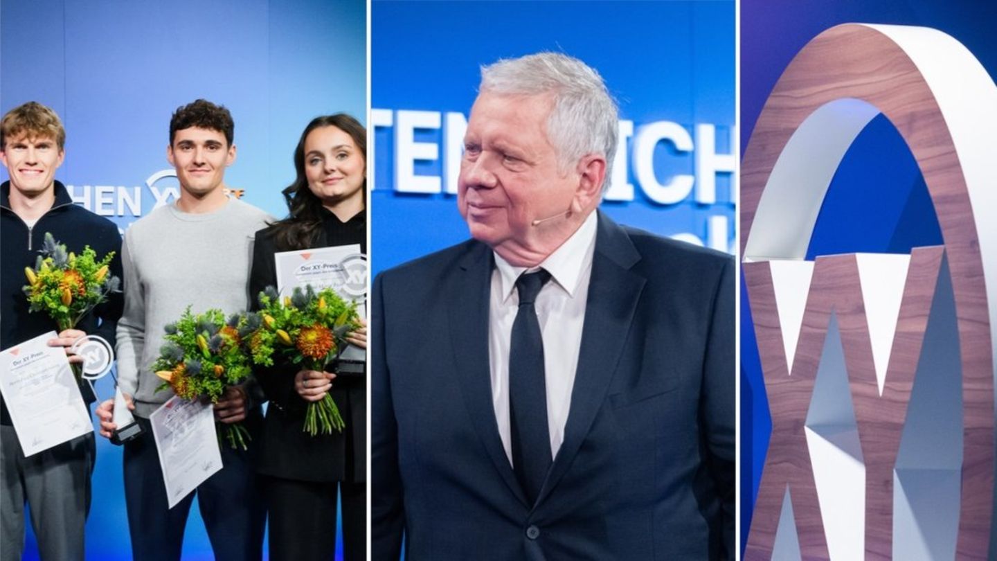 XY-Preisträger bei "Aktenzeichen XY... Ungelöst" - drei der fünf Preisträger und einer der Laudatoren, Schauspieler Rainer Hun