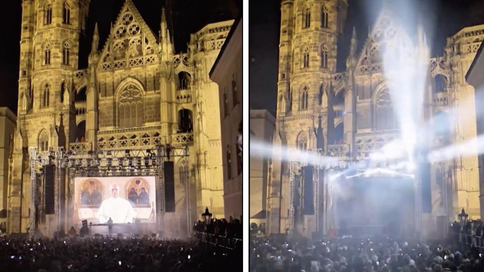 Padre Guilherme legt ein Set vor einem begeisterten Publikum auf.