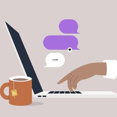 Symbolbild Büro-Affäre: Illustration eines Laptops mit Herz-Textwölkchen