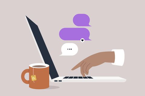 Symbolbild Büro-Affäre: Illustration eines Laptops mit Herz-Textwölkchen