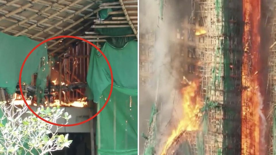 Ein Hochhaus-Komplex in Hongkong geht in Flammen auf. Das Bild zeigt die ersten Feuer