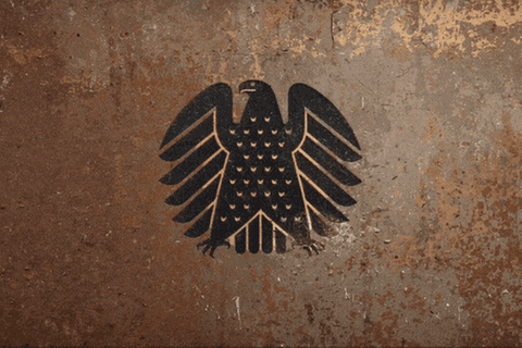 Gedscheine fallen vom Himmel, im Hintergrund das Wappen des Bundesadlers