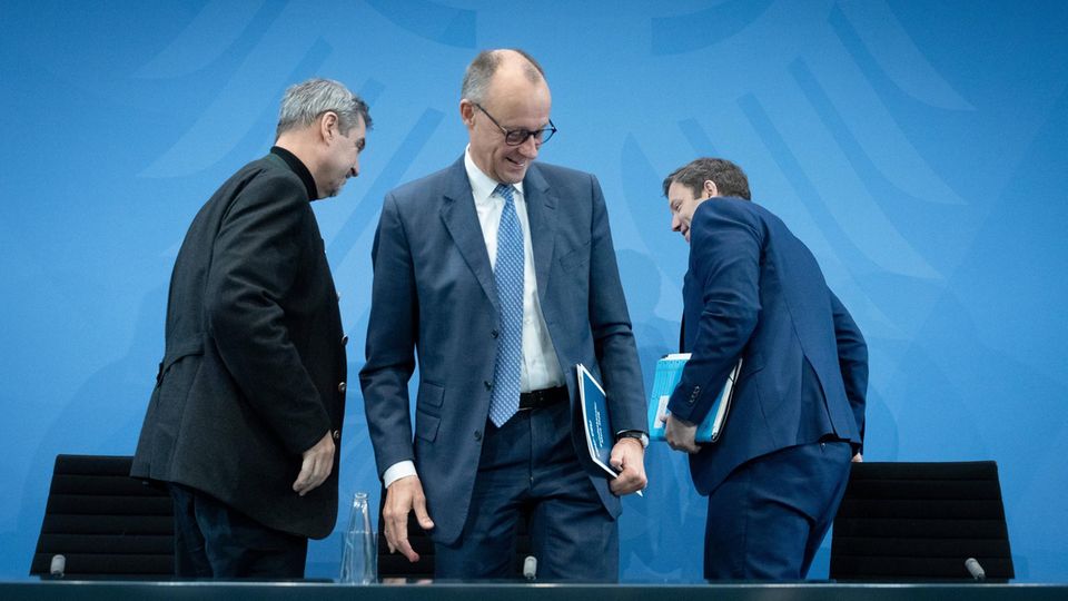 Friedrich Merz nach dem Koalitionsausschuss im Bundestag.