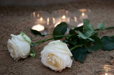 Weiße Rosen und Teelichte