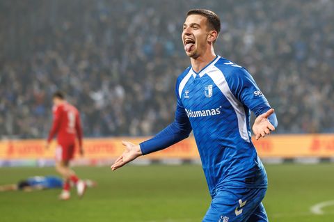 Mateusz Zukowski bejubelte gleich zwei Treffer bei seinem Heimdebüt. Foto: Andreas Gora/dpa