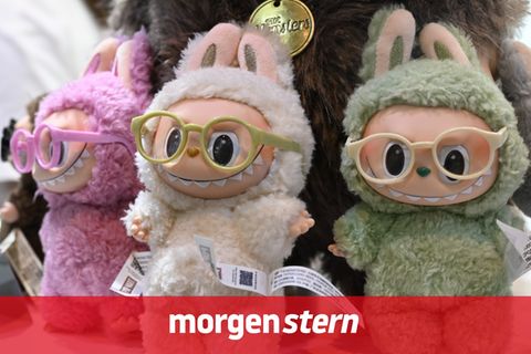 Drei Labubus mit Brillen stehen auf einem Regal in einem Spielzeugladen