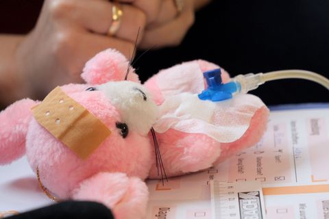 Die pinkfarbene Stoffmaus "Mausi" kam mit Bauchschmerzen zum Arzt – und wurde in Bissendorf liebevoll von kleinen Händen versorg