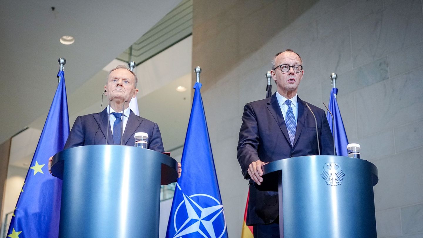 Beim Thema Ukraine beschworen Polens Ministerpräsident Donald Tusk und Kanzler Friedrich Merz Einigkeit. Foto: Kay Nietfeld/dpa