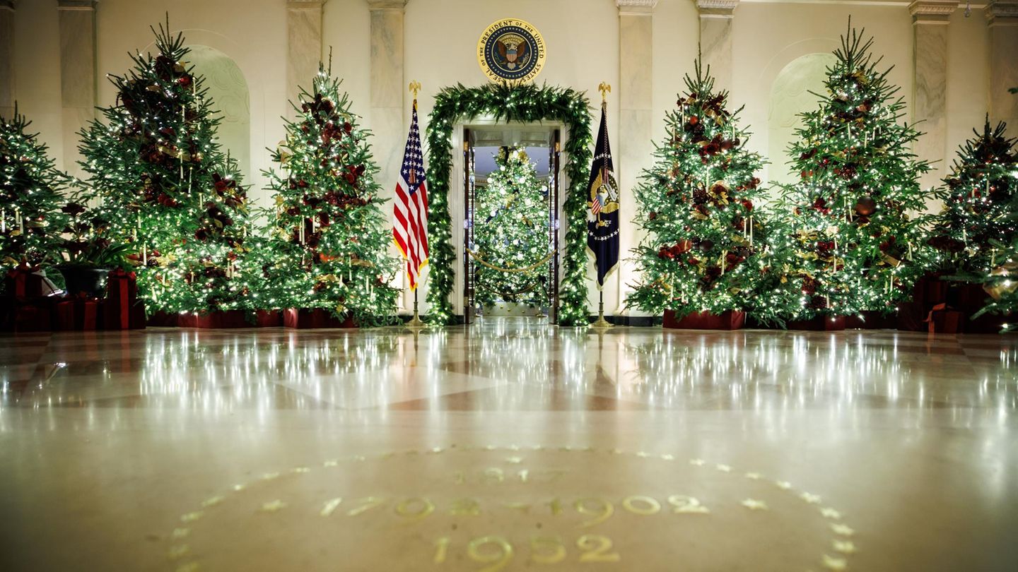 Festlich geschmückte Weihnachtsbäume säumen die Cross Hall im Weißen Haus