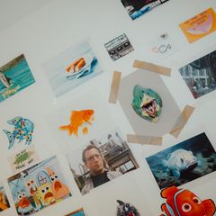 Homeoffice: Eine Wand mit unterschiedlichen Bildern von Fischen