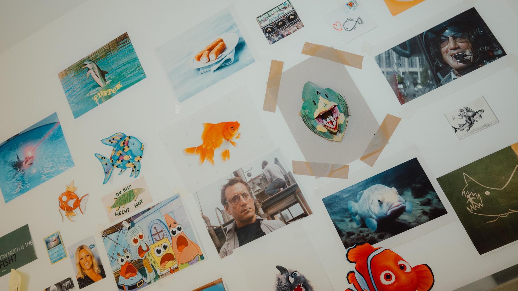 Homeoffice: Eine Wand mit unterschiedlichen Bildern von Fischen
