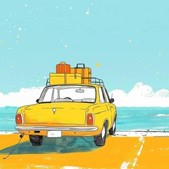 Ein gelbes Auto am Strand