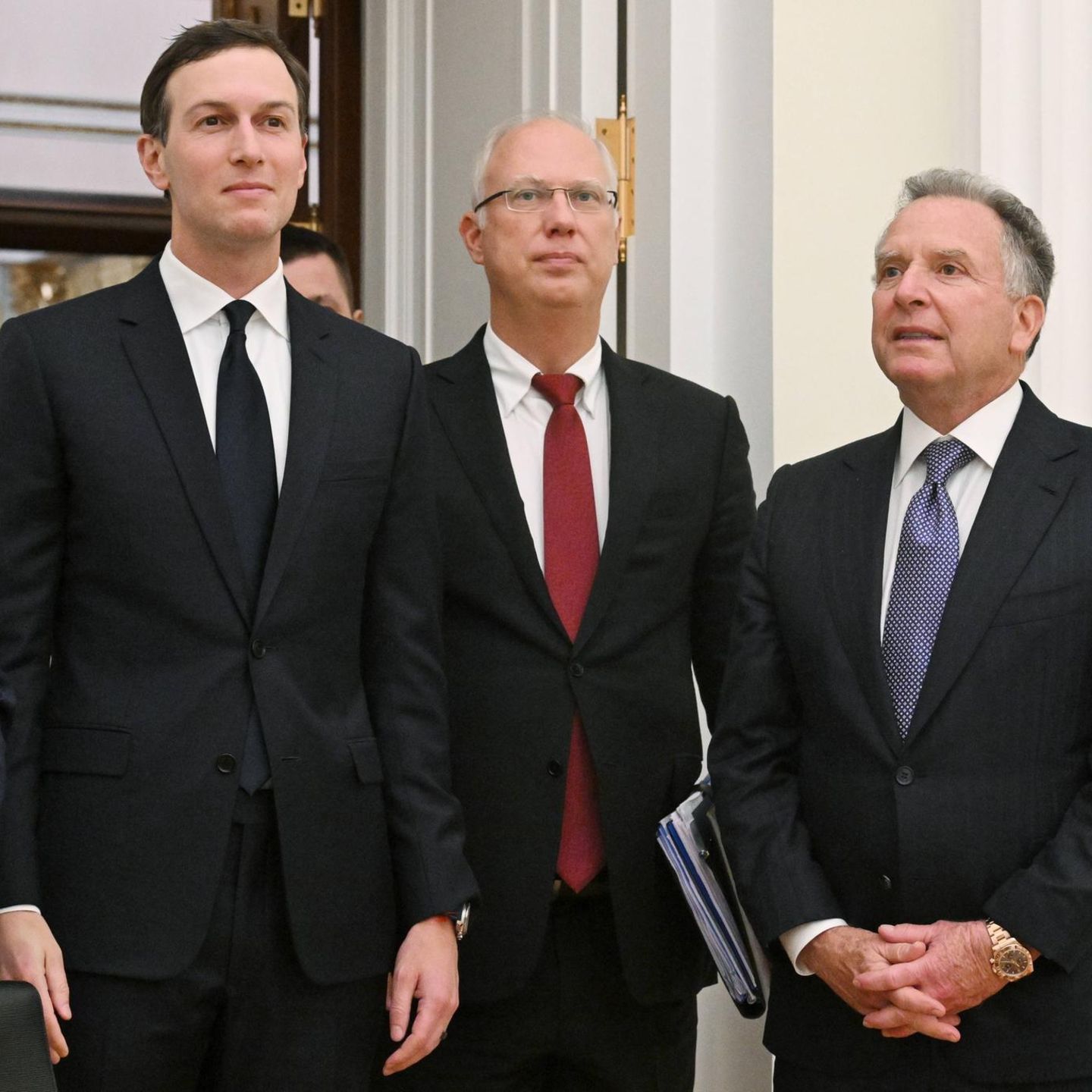 Putin-Berater Jurij Uschakow, Trump-Schwiegersohn Jared Kushner und die Sondergesandten Russlands, Kirill Dimitrijew, und der USA, Steve Witkoff, am 2. Dezember in Moskau
