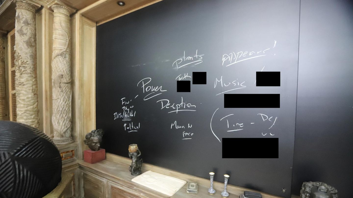 Ein näherer Blick auf die Tafel. Einige Worte sind geschwärzt. Dort stehen aber auch "Macht", "Täuschung", "Intrigen", "Musik" und "Politik". Was damit gemeint ist?