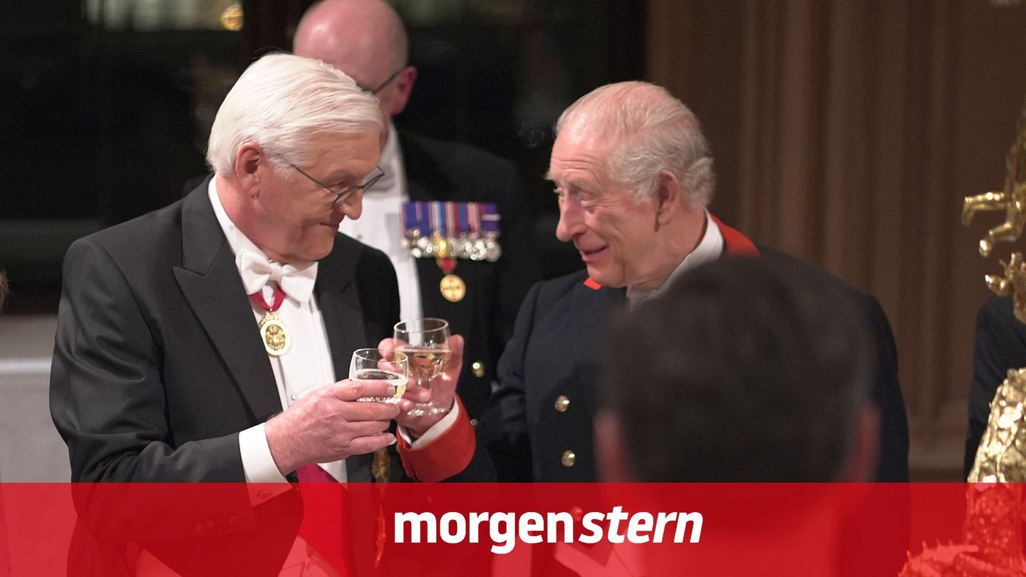 Frank-Walter Steinmeier und König Charles III. stoßen beim Gala-Dinner in Windsor Castle miteinander an