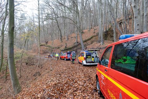 In dem unwegsamen Gelände erfolgte die Rettung unter erschwerten Bedingungen. (Handout) Foto: Feuerwehr Porta Westfalica/dpa
