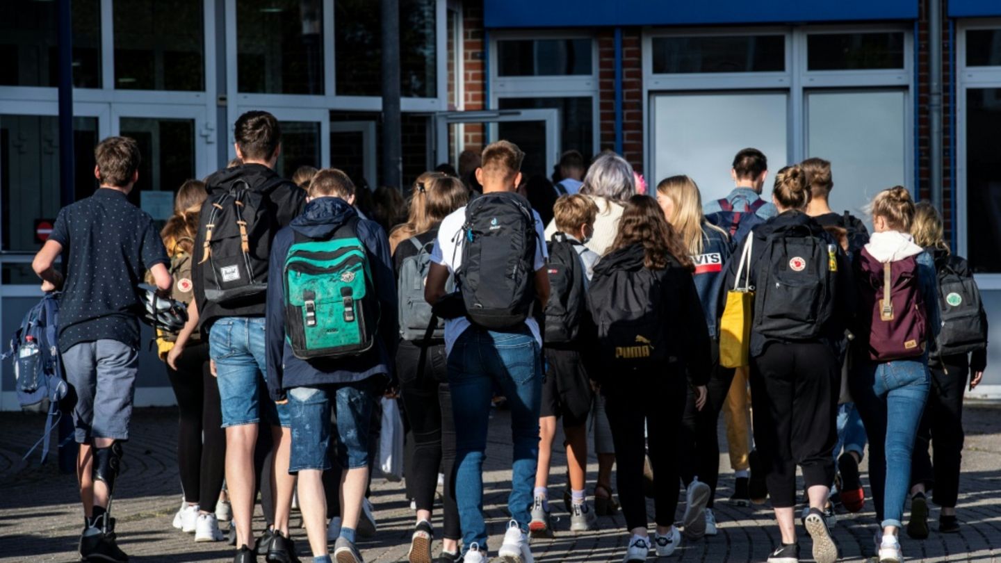 Gruppe von Jugendlichen vor einer Schule im Jahr 2020