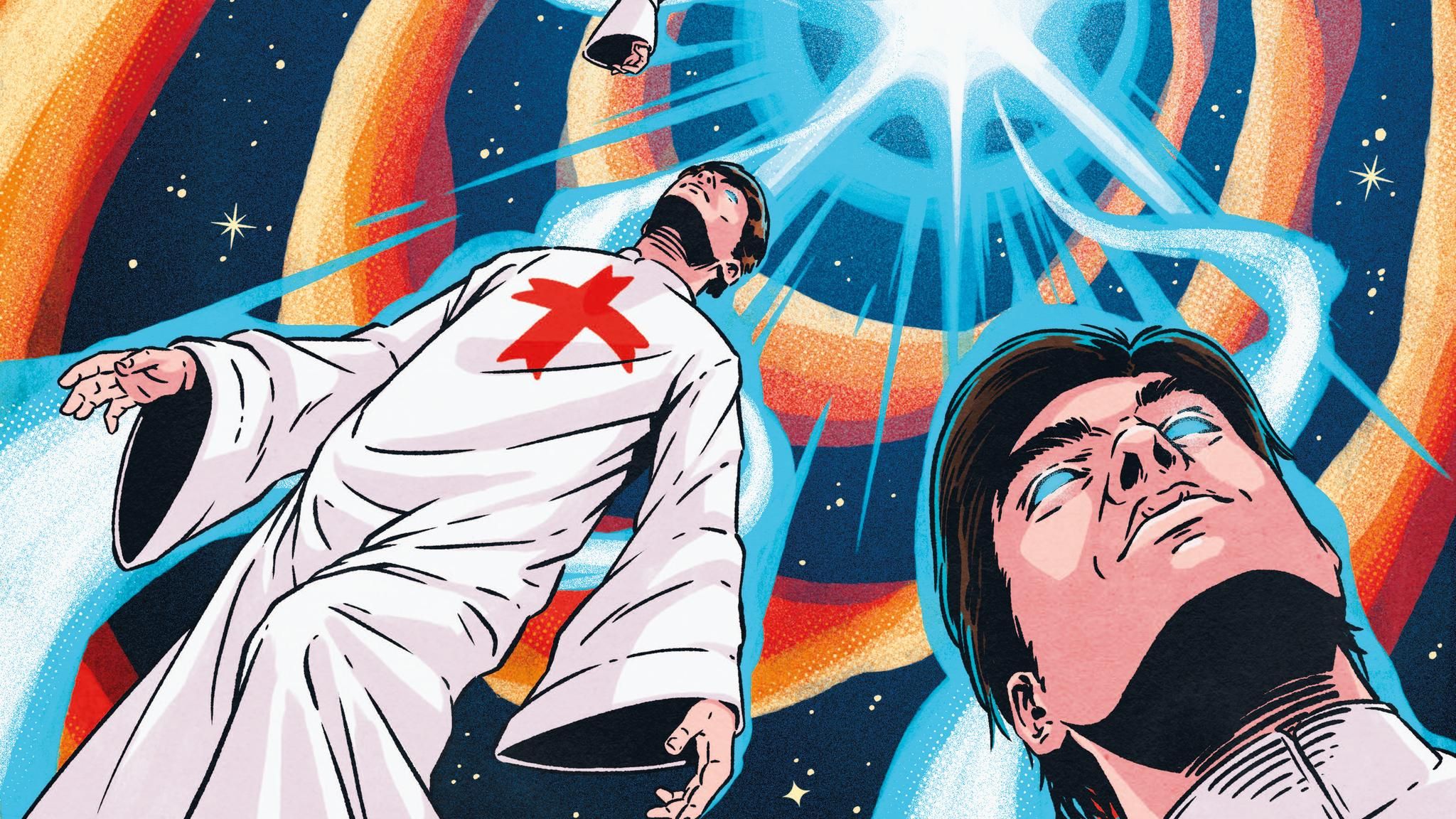 Illustration zeigt drei Sonnentempler in weißen Gewändern, die auf ein Licht am Himmel zufliegen