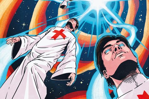 Illustration zeigt drei Sonnentempler in weißen Gewändern, die auf ein Licht am Himmel zufliegen