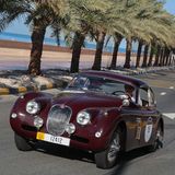 Jaguar XK 120 auf der Straße zwischen Palmen