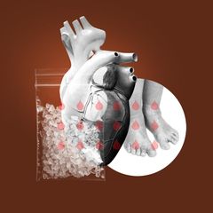 Illustration: Herz, geschwollene Füße und ein Tütchen mit Drogen
