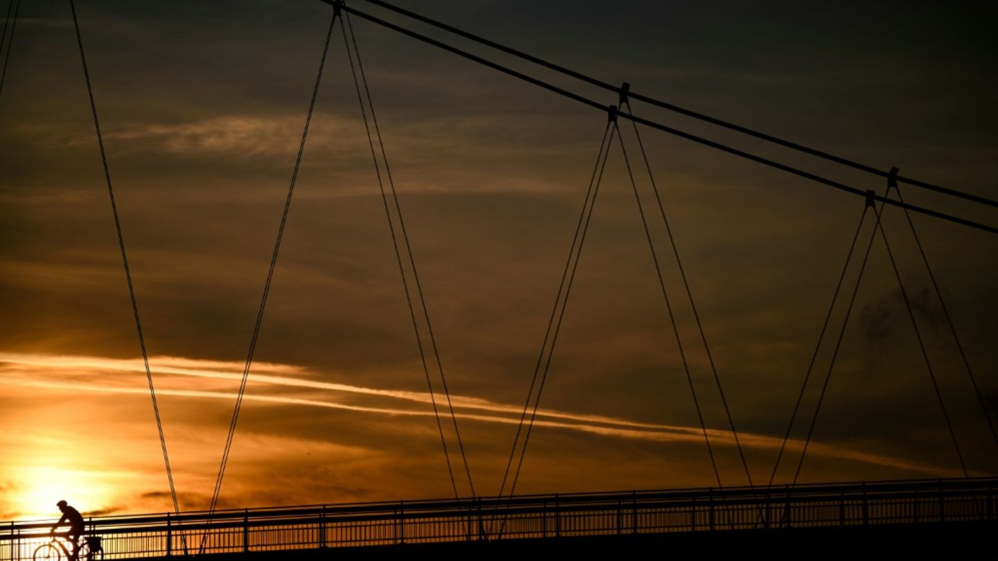 Fahrradfahrer auf Brücke in Frankfurt