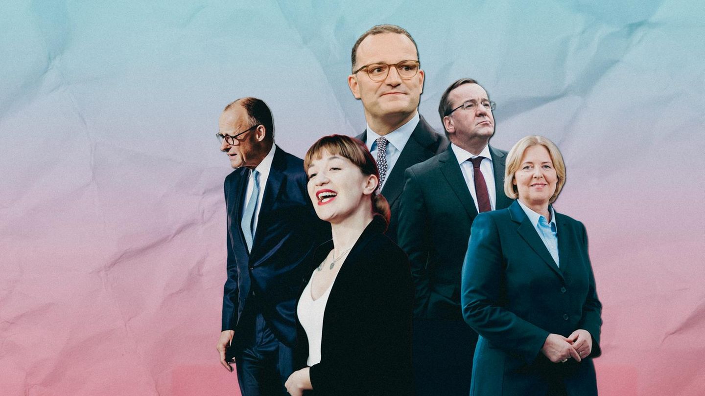 Collage für Umfrage: Rechinnek, Bas, Pistorius, Spahn und Merz vor einem rosa-blauen Hintergrund