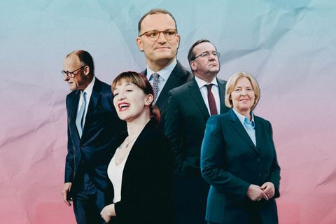 Collage für Umfrage: Rechinnek, Bas, Pistorius, Spahn und Merz vor einem rosa-blauen Hintergrund