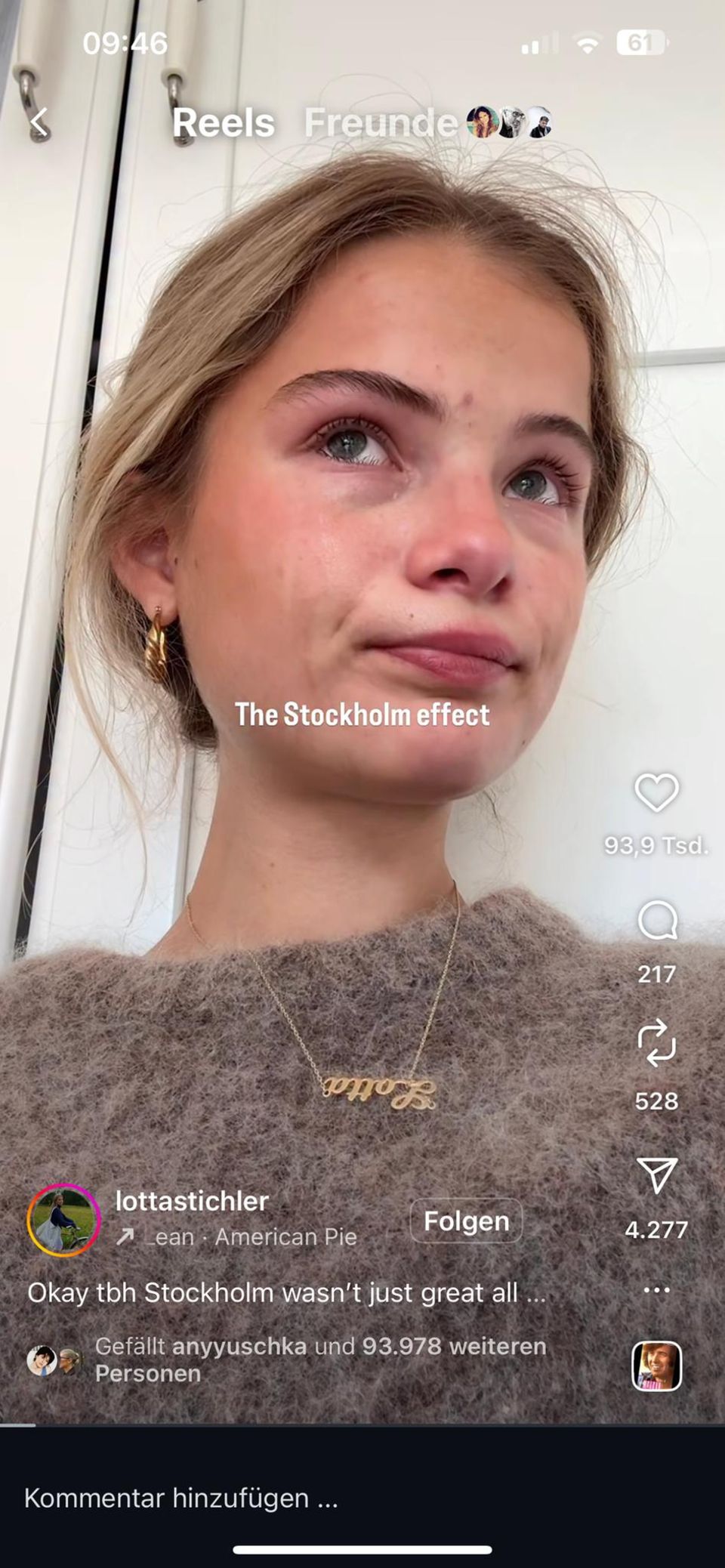 Weinende Frau auf Instagram