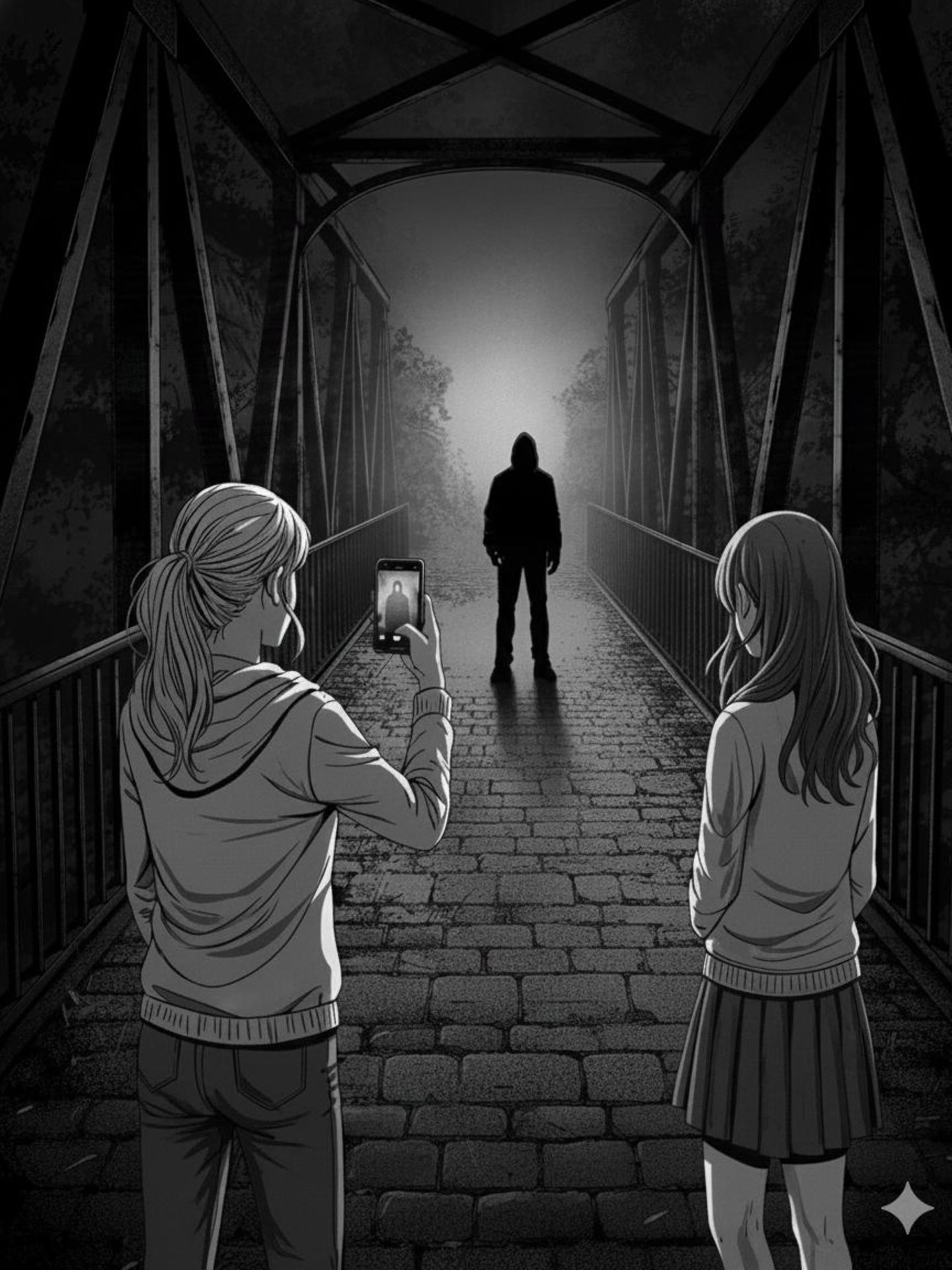 KI-generiertes Bild zeigt zwei Mädchen, die einen Mann auf einer Brücke mit dem Smartphone filmen