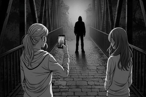 KI-generiertes Bild zeigt zwei Mädchen, die einen Mann auf einer Brücke mit dem Smartphone filmen