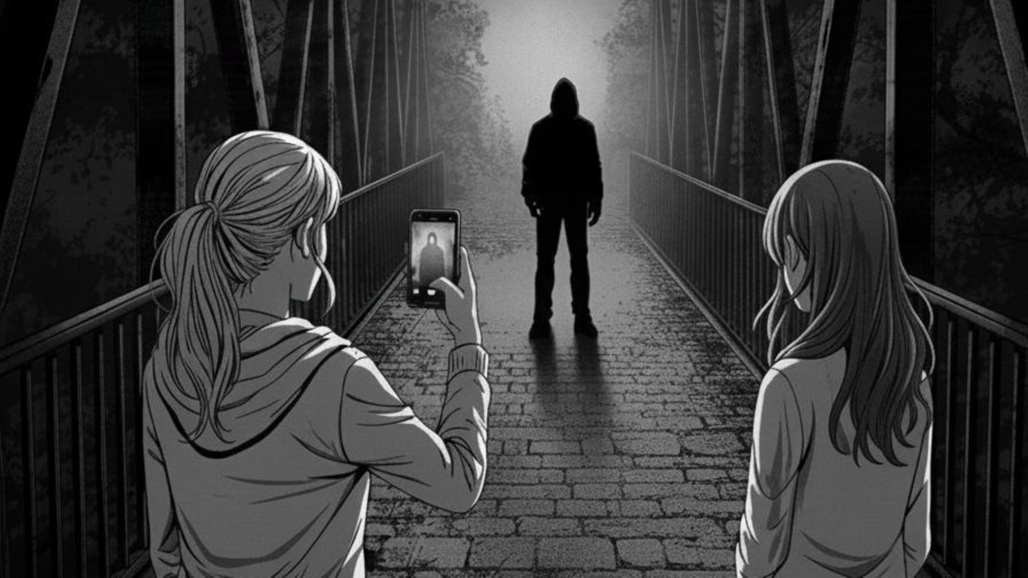 KI-generiertes Bild zeigt zwei Mädchen, die einen Mann auf einer Brücke mit dem Smartphone filmen