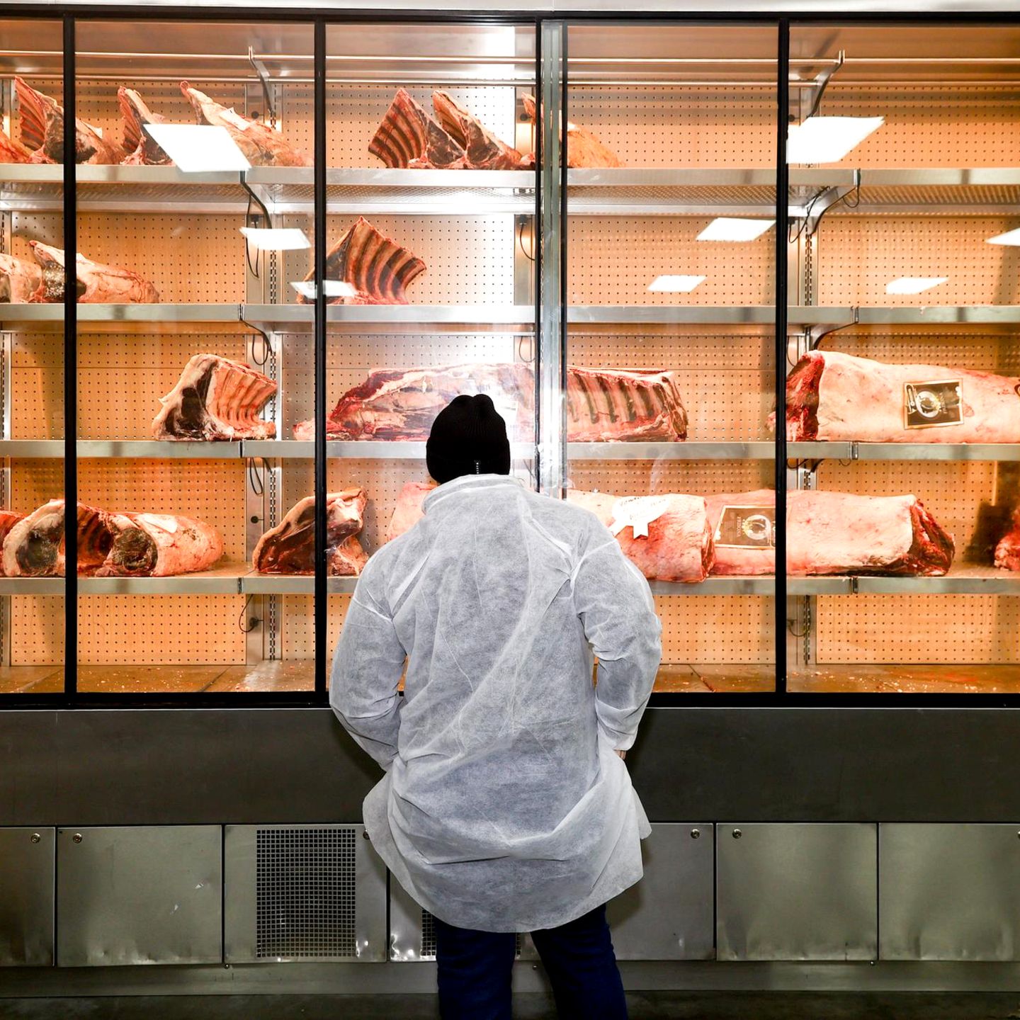 Rungis, Frankreich. Eine Frau betrachtet verschiedene Fleischstücke in einer Vitrine während eines Pressebesuchs in der Geflügel- und Fleischabteilung des Internationalen Großmarkts für Lebensmittel (MIN) bei Paris. Die Markthalle dient den Vorbereitungen für die Weihnachtsfeiertage